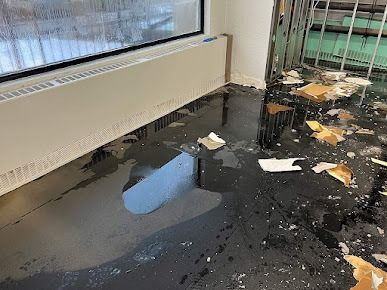 Dark room with water on floor, debris scattered near a window and doorway with a green railing.