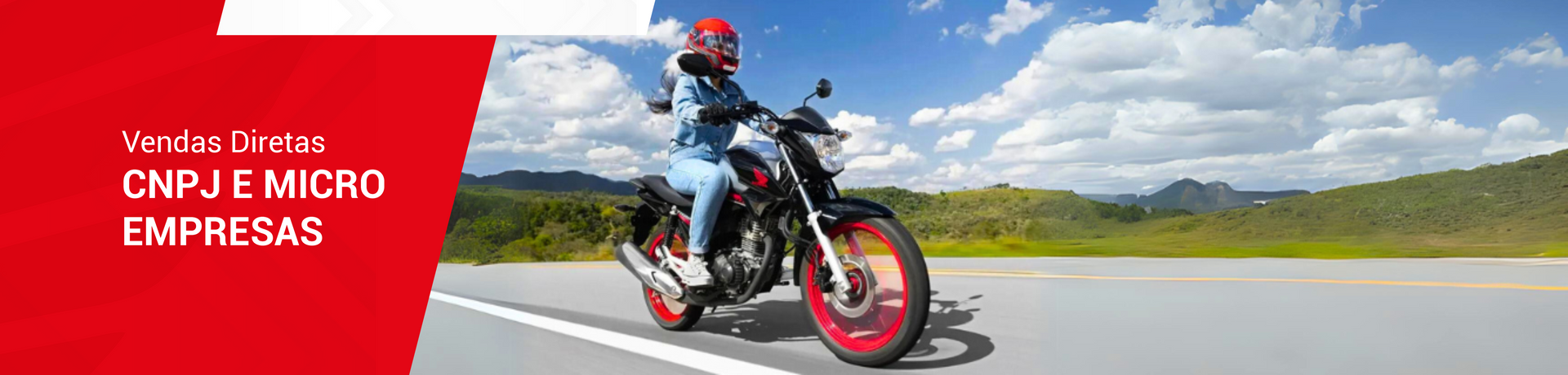 Uma pessoa pilotando uma motocicleta em uma estrada, com fundo vermelho e texto sobre vendas para empresas.