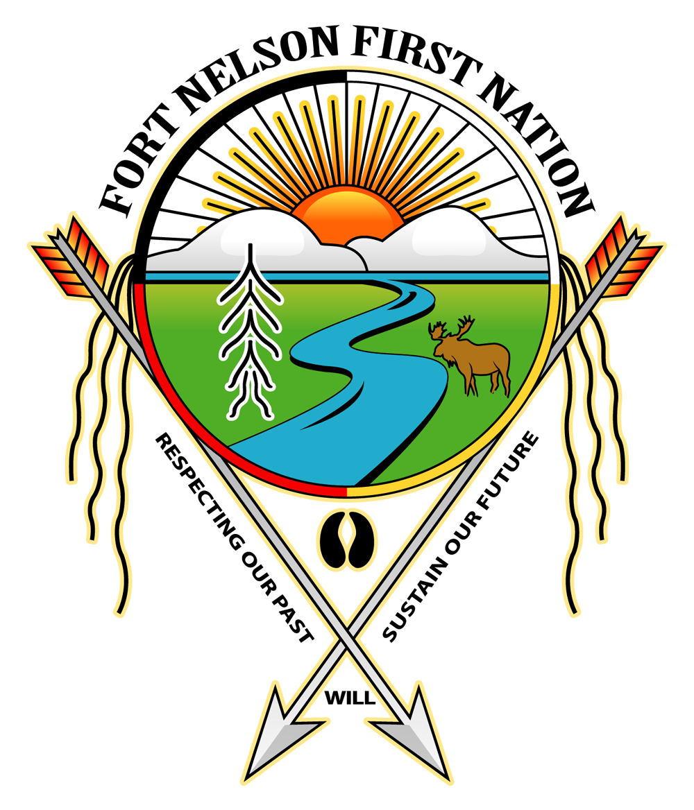 Fort Nelson First Nation logo: green field, river, sun, moose, arrows, text