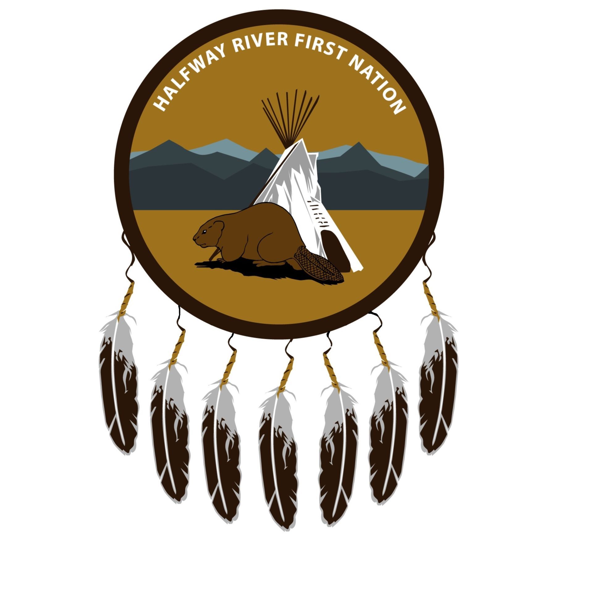Halfway River First Nation logo: circle with mountains, teepee, beaver, and feathers.