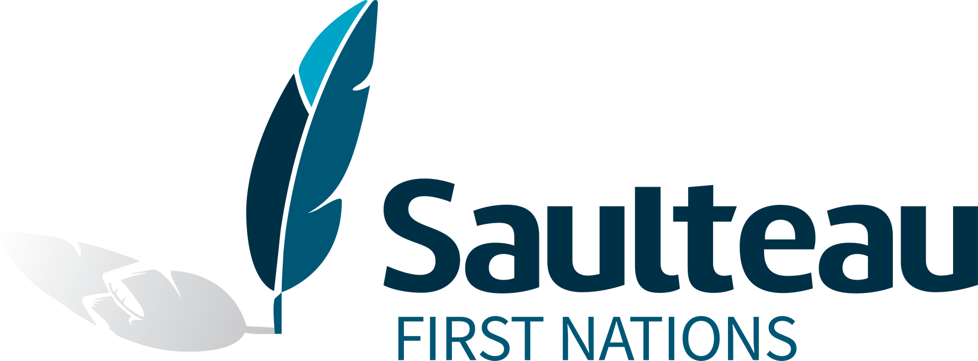 Logo of the Saulteau First Nations: teal feather and shadow with text