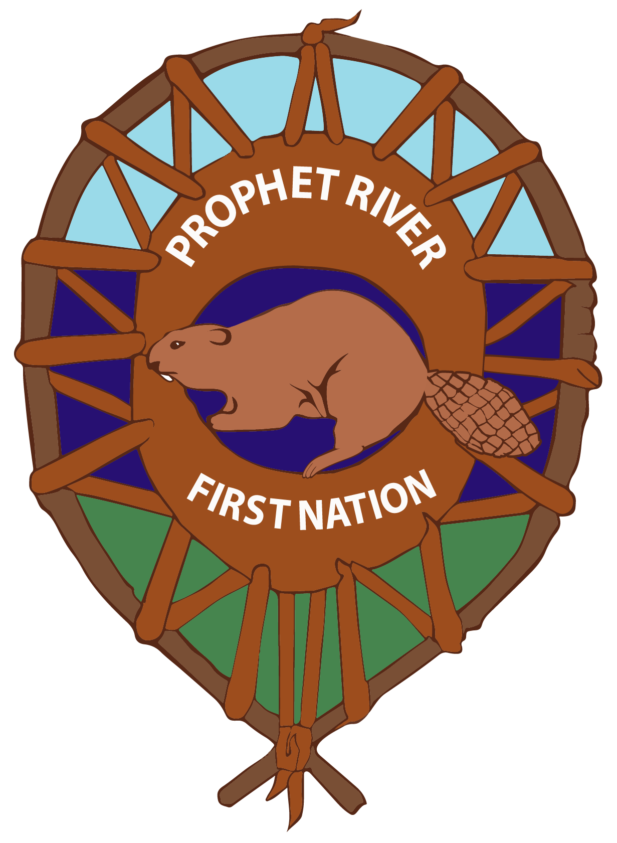 Emblem of Prophet River First Nation: brown beaver inside a circular design with text.
