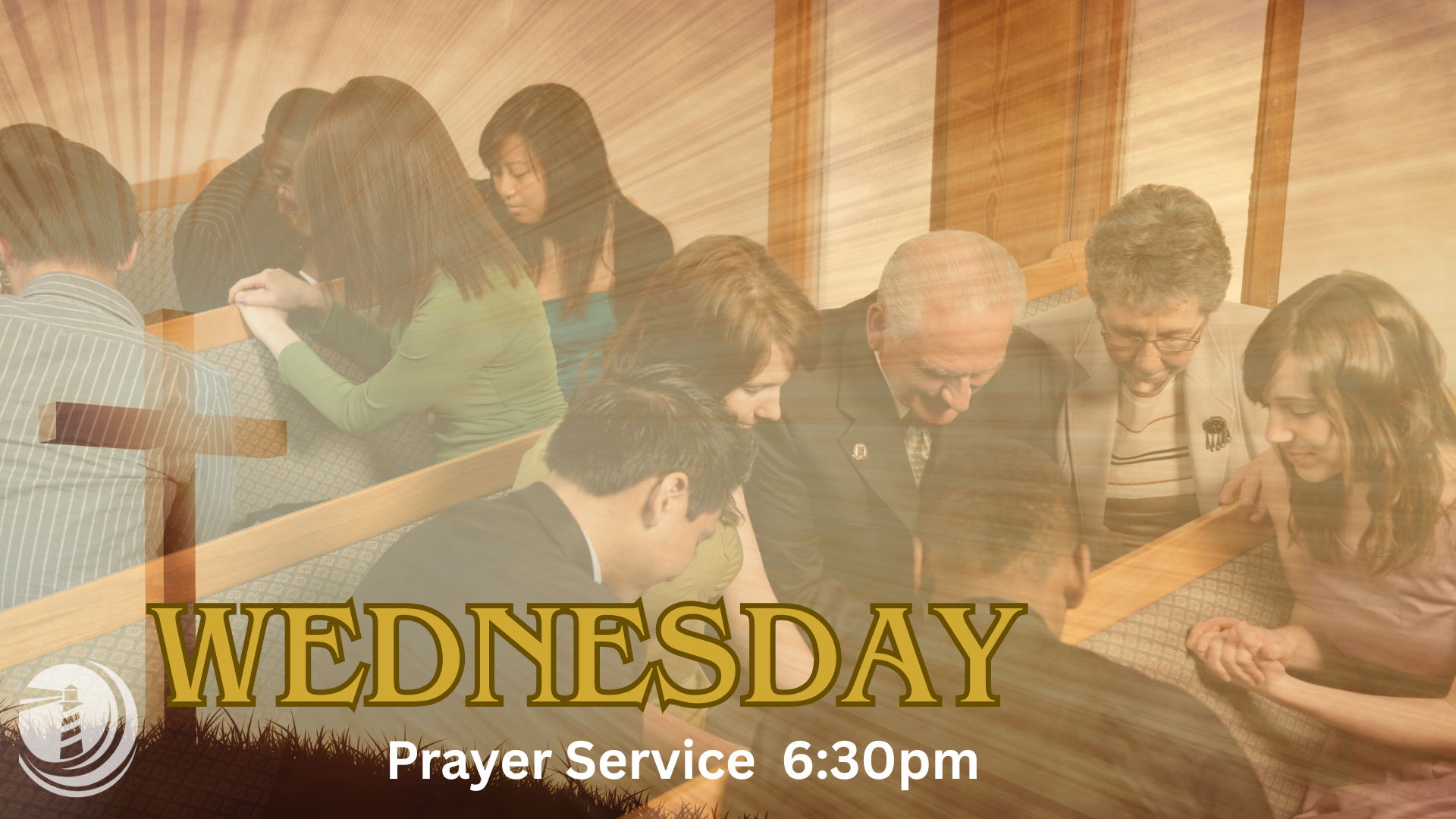 Wednesday prayer service at 6:30pm, with people praying around a cross on a warm sepia background