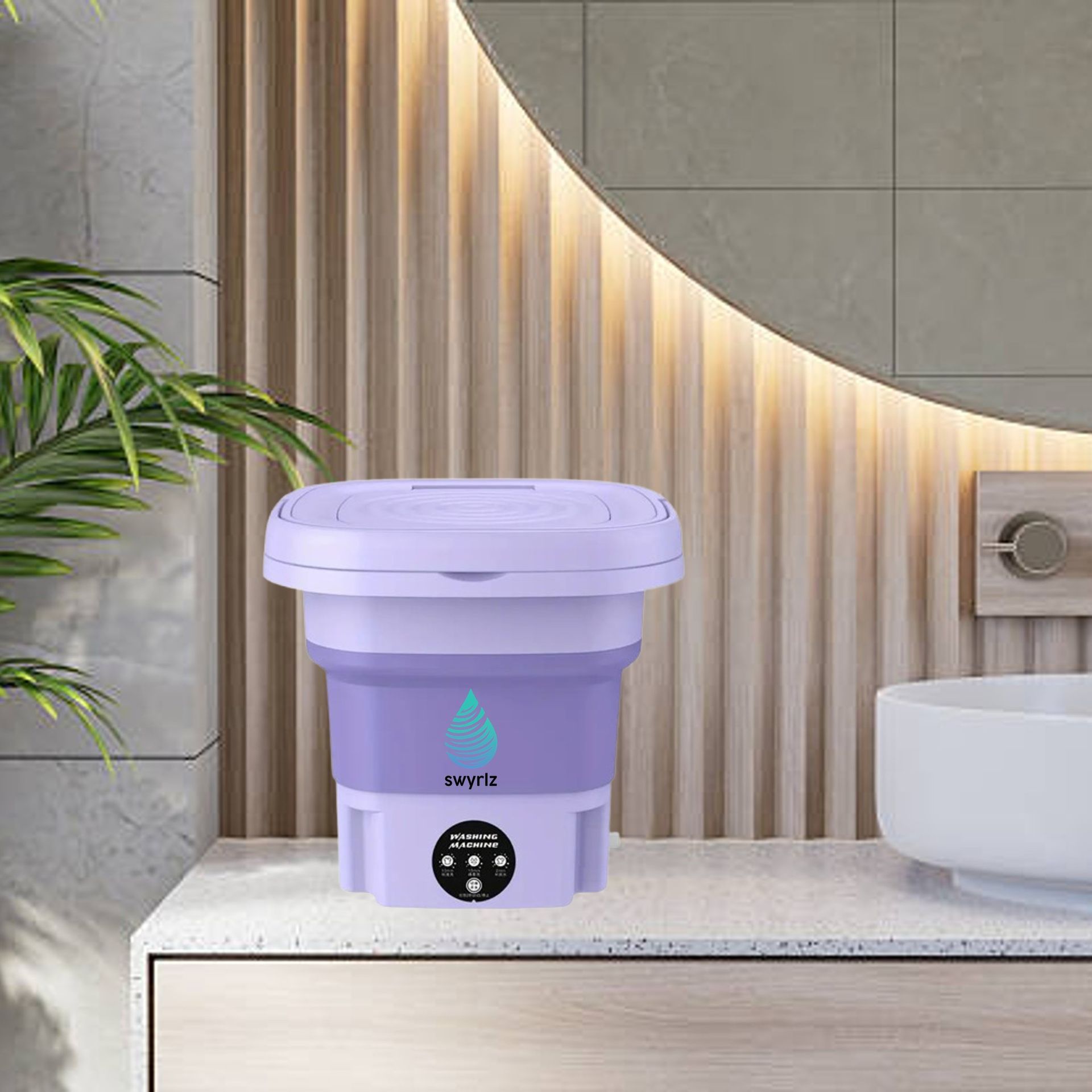 Purple foldable washing machine on a bathroom countertop, next to a sink.