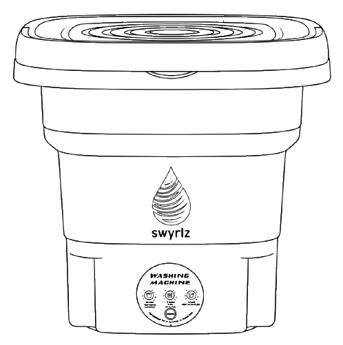 Line drawing of a small, collapsible washing machine with a lid and control panel, labeled 