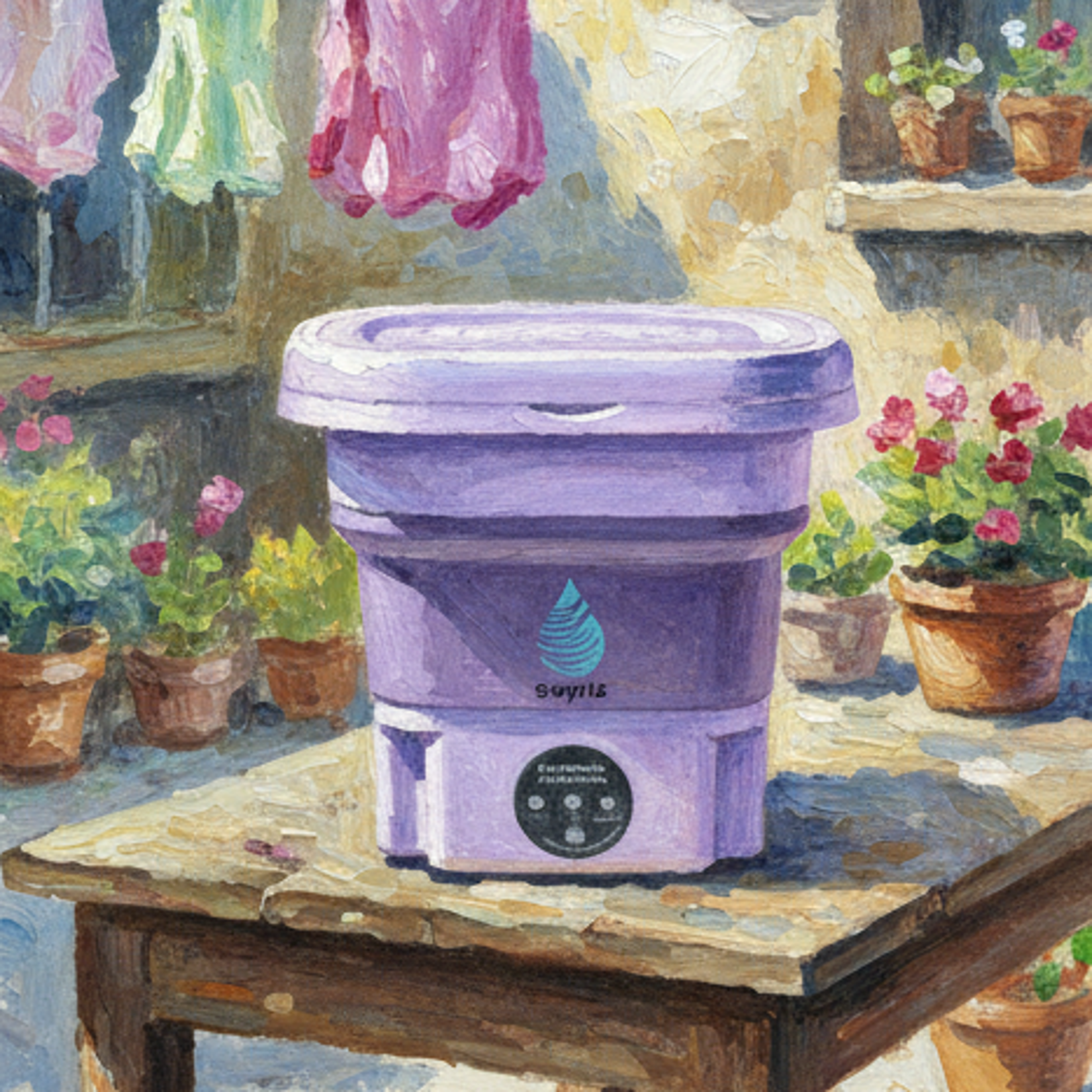 Purple portable washing machine on a table, clothes drying outside, surrounded by potted plants.