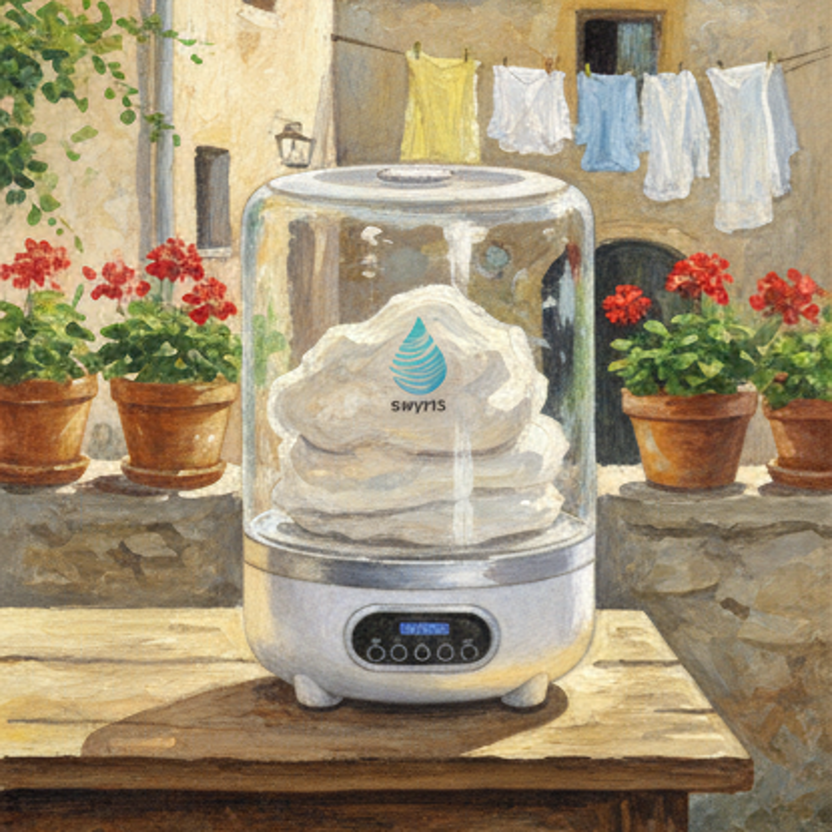 A white machine with a cloud-like substance inside, set outside against a sunlit European street scene.