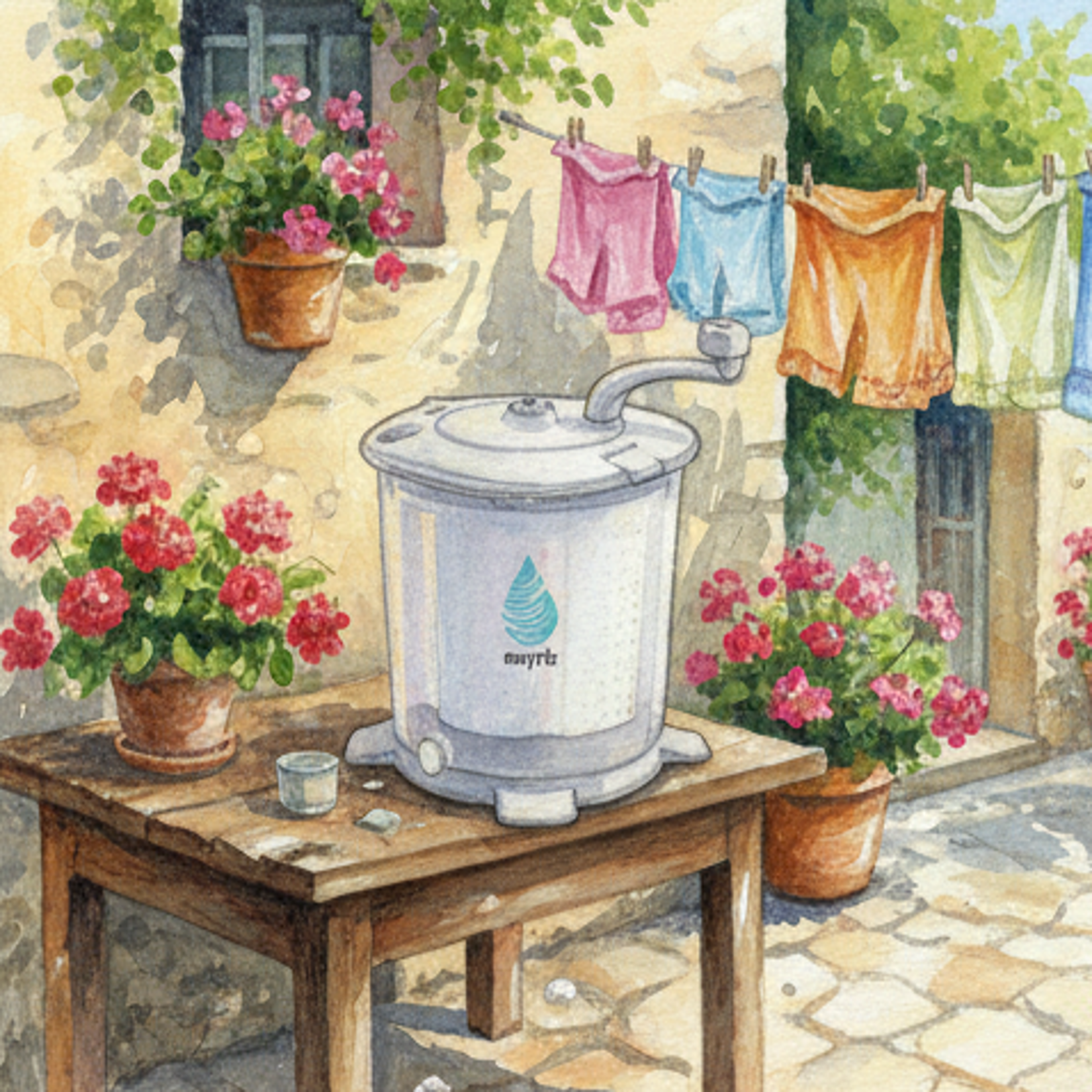 Manual washing machine outdoors with clothesline, flowers, and sunlit stone building.
