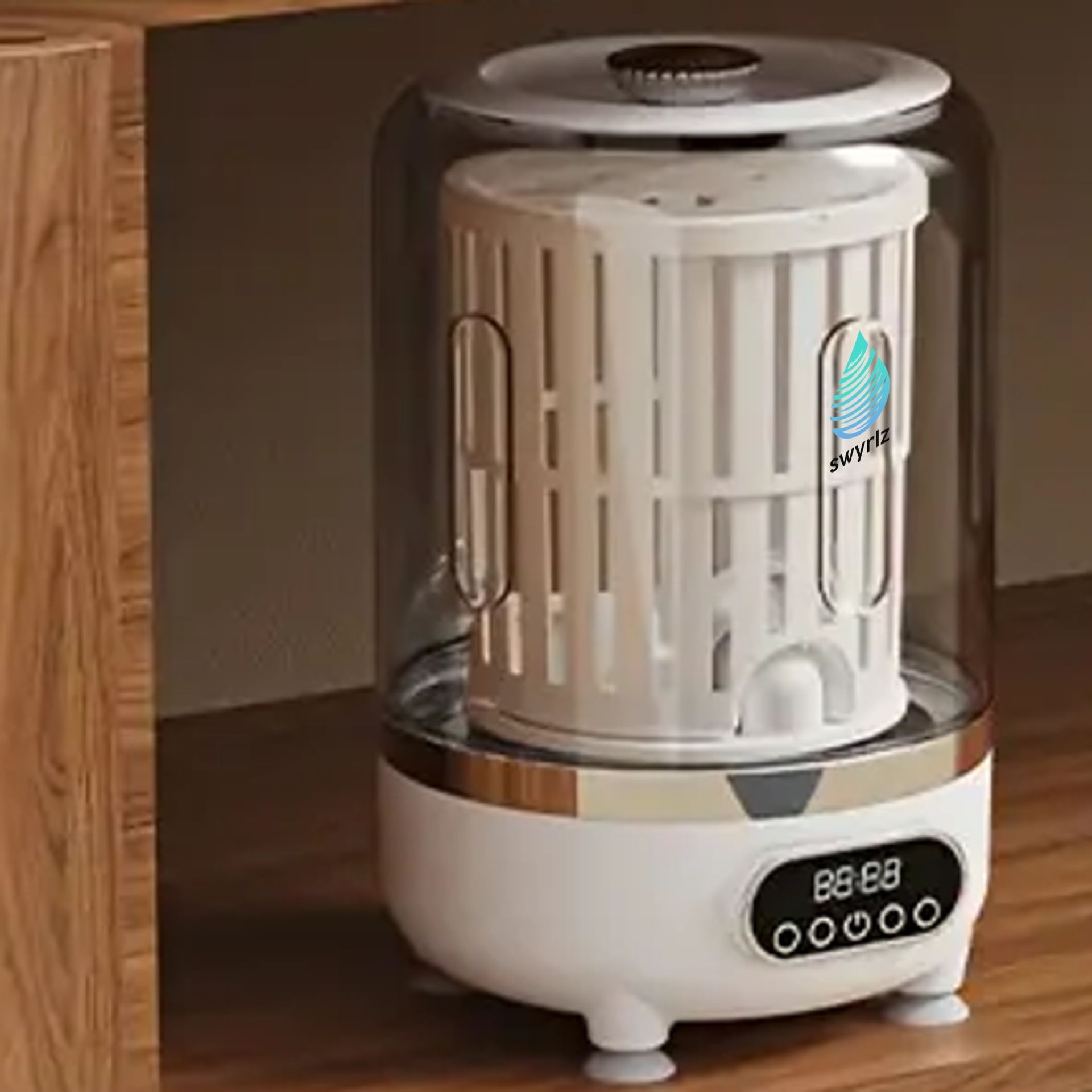 White and clear air purifier with digital display on a wooden surface.