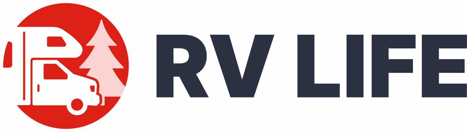 RV Life logo with a red circle containing an RV and trees, and the words