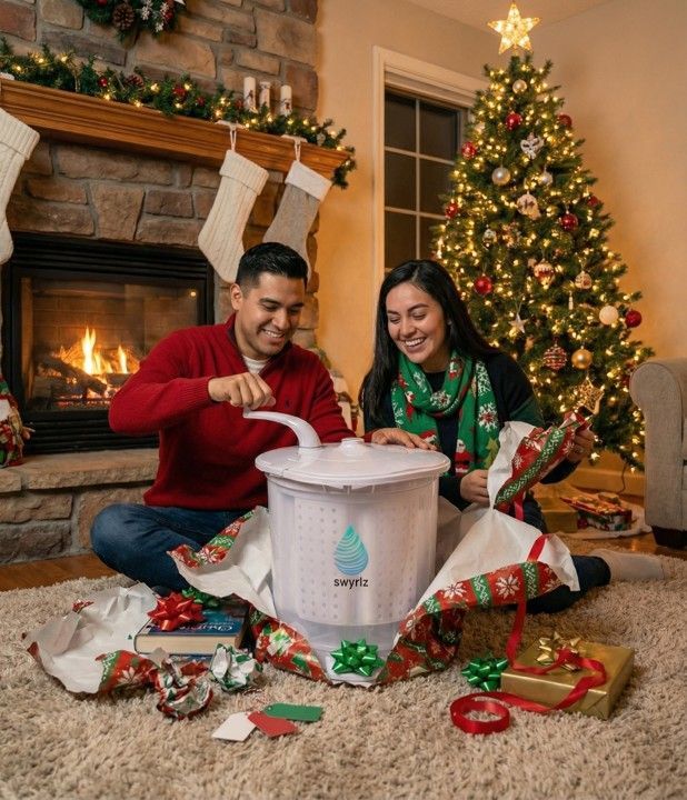 Couple opening a wrapped gift by Christmas tree and fireplace. They are smiling.