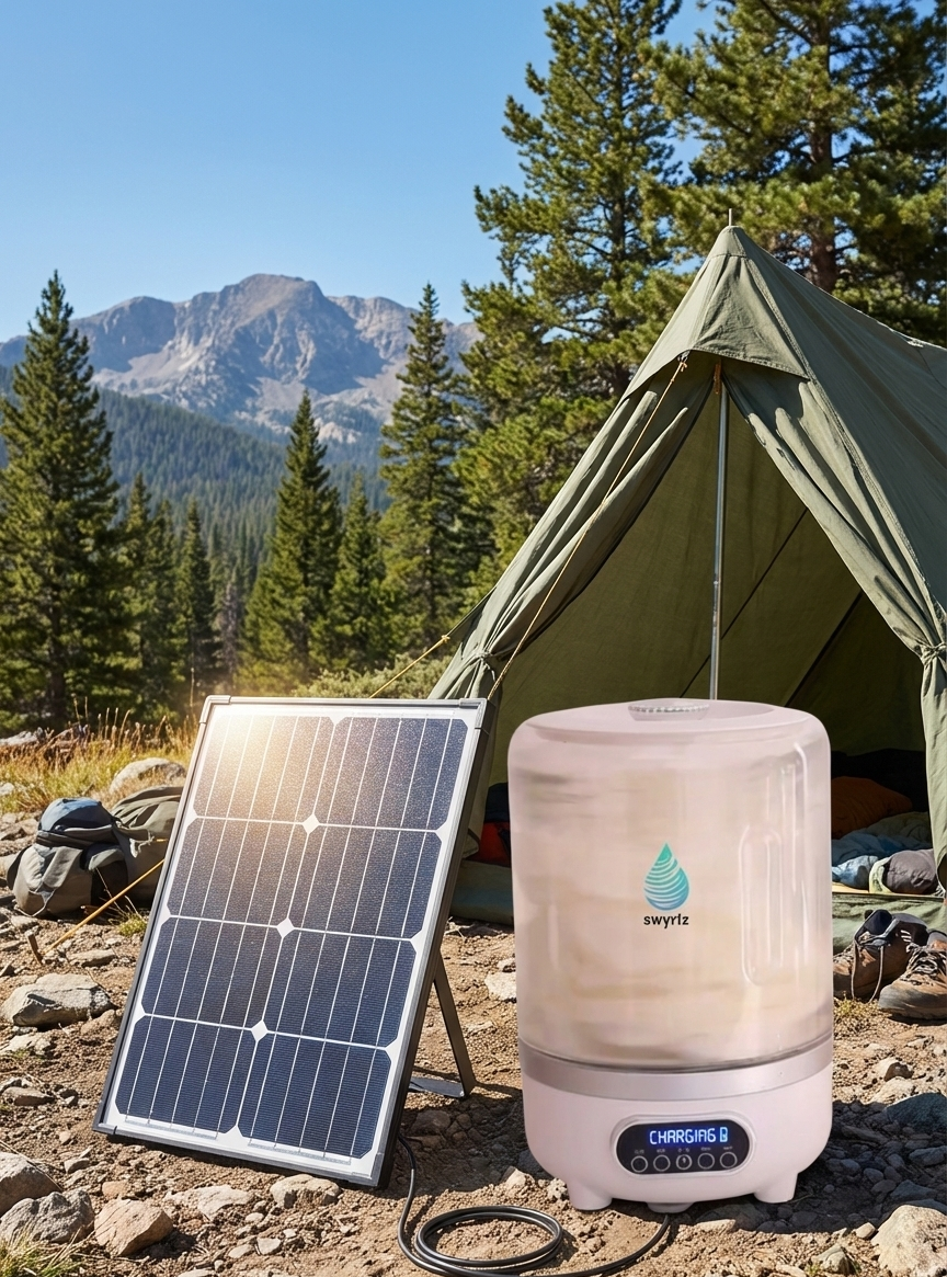 Solar panel powering a water purifier near a tent in a mountain setting.
