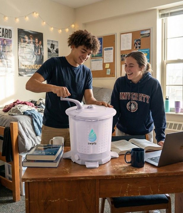 Two college students using a portable washing machine in a dorm room; one turns the crank.