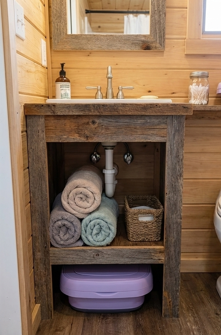 Rustic wooden bathroom vanity with rolled towels, basket, and purple bin.