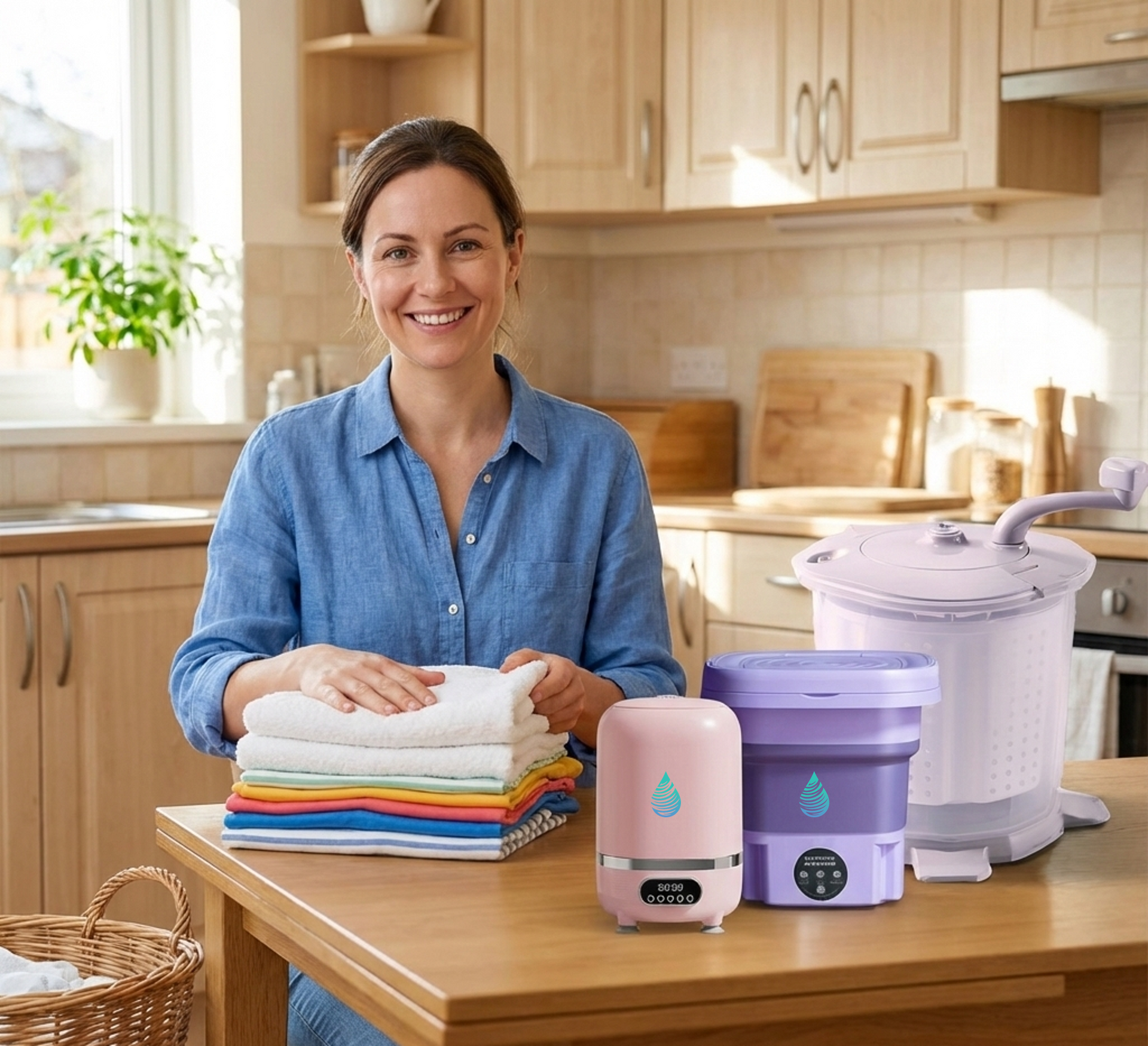 Woman folding laundry next to portable washing machines in a kitchen.