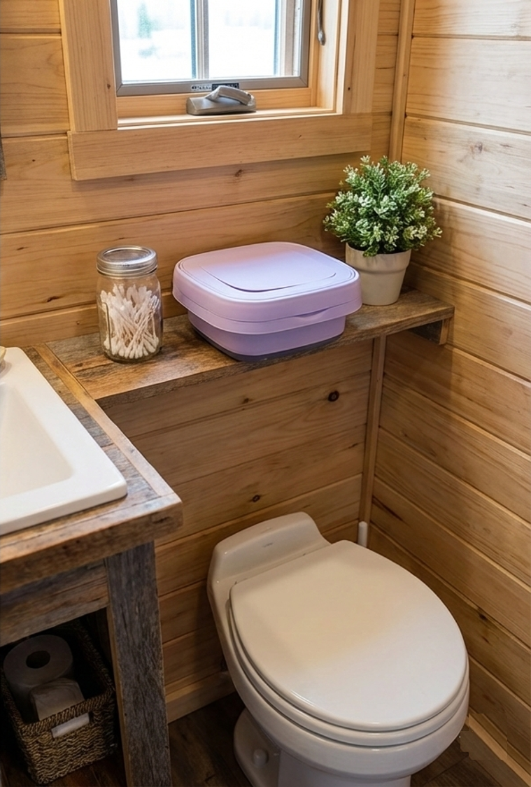 Small bathroom with wooden walls. Toilet, composting toilet, sink, small shelf with plant and window.
