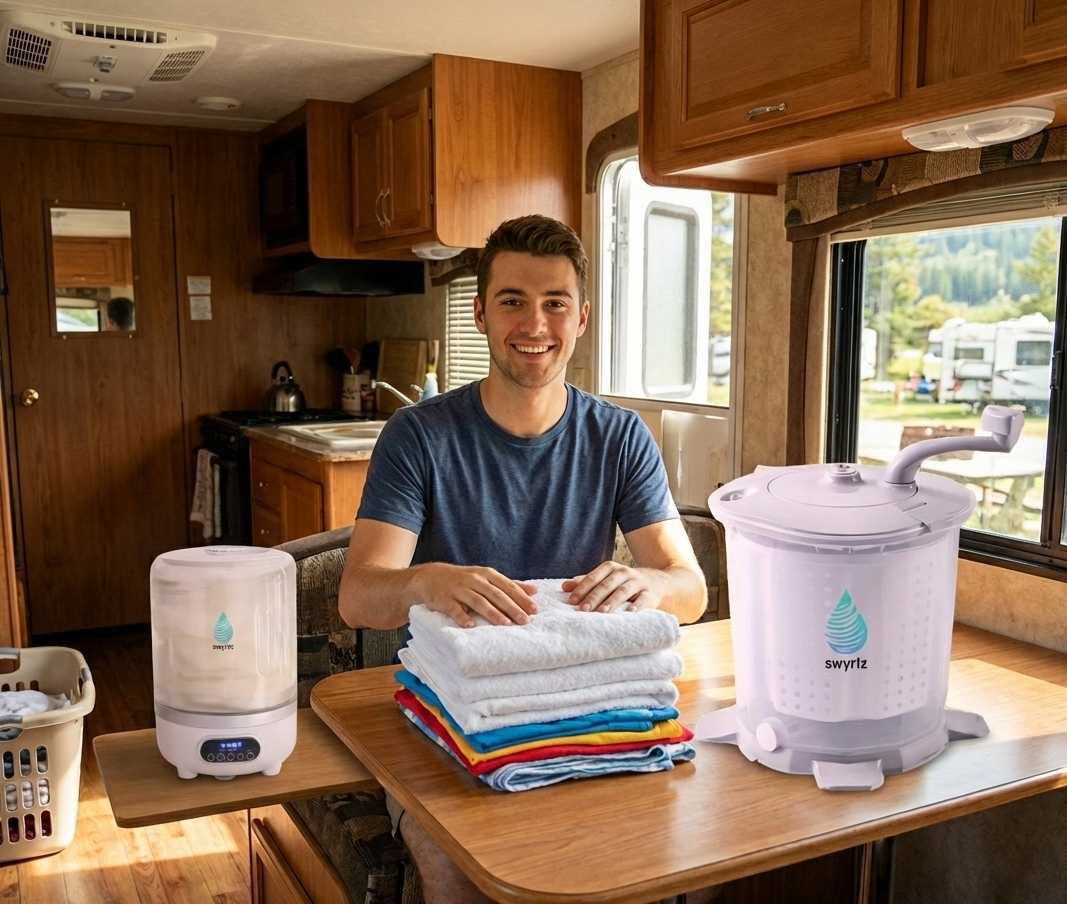 Man folding laundry inside an RV, with a hand-cranked washer and a dryer on a table.