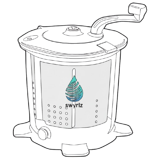 Hand-cranked laundry machine with the Swyrtz logo on the side.