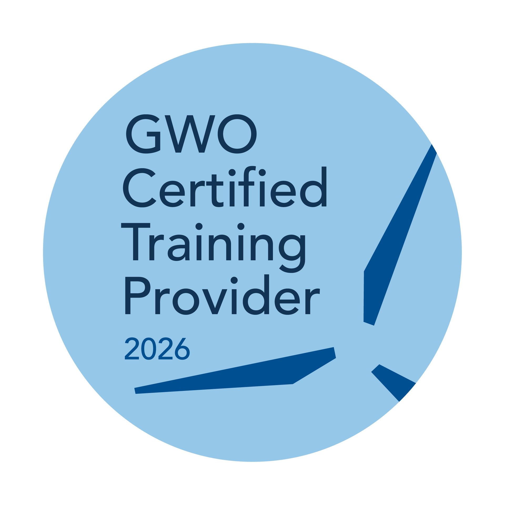 A circular light blue logo reading "GWO Certified Training Provider 2026" with a stylized wind turbine icon.