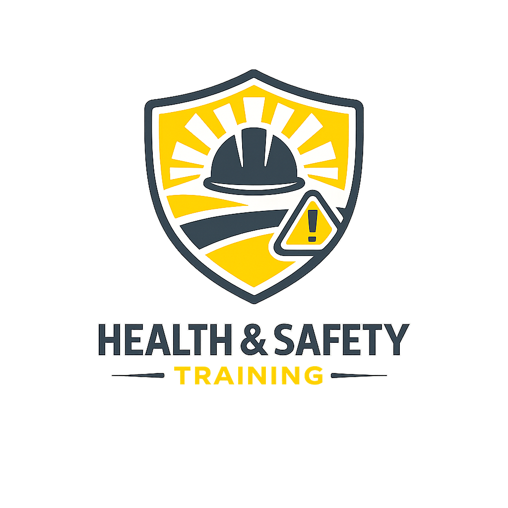 Logo for Health & Safety Training, featuring a dark gray hard hat icon inside a yellow shield with a warning sign.