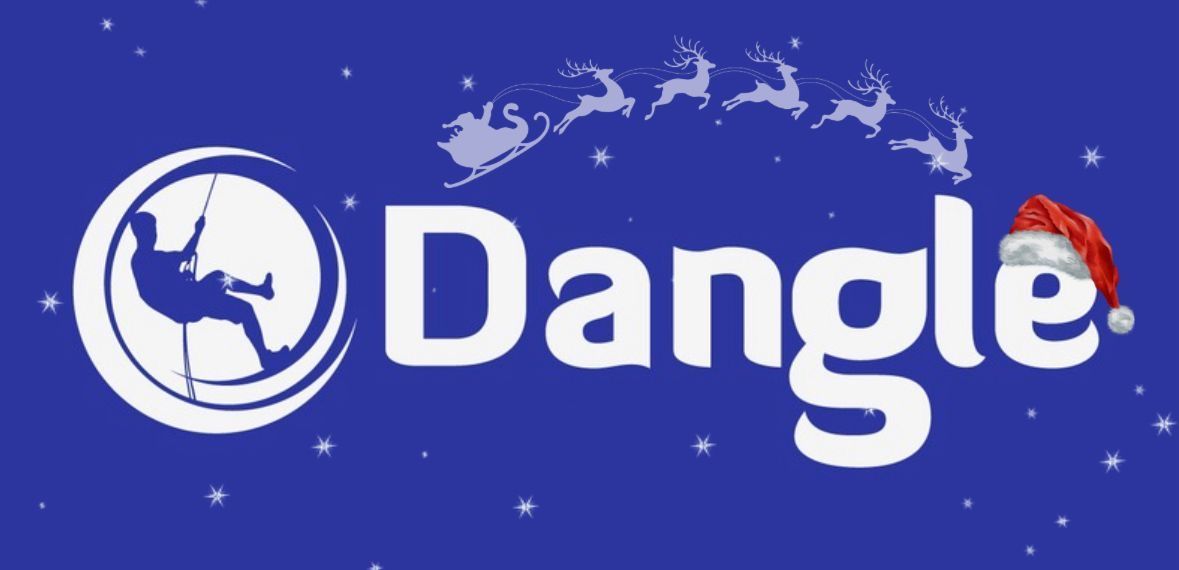Logo of a silhouetted person rappelling inside a circle with the word "Dangle" to the right, all in white on blue background.