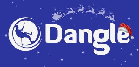 Logo of a silhouetted person rappelling inside a circle with the word "Dangle" to the right, all in white on blue background.
