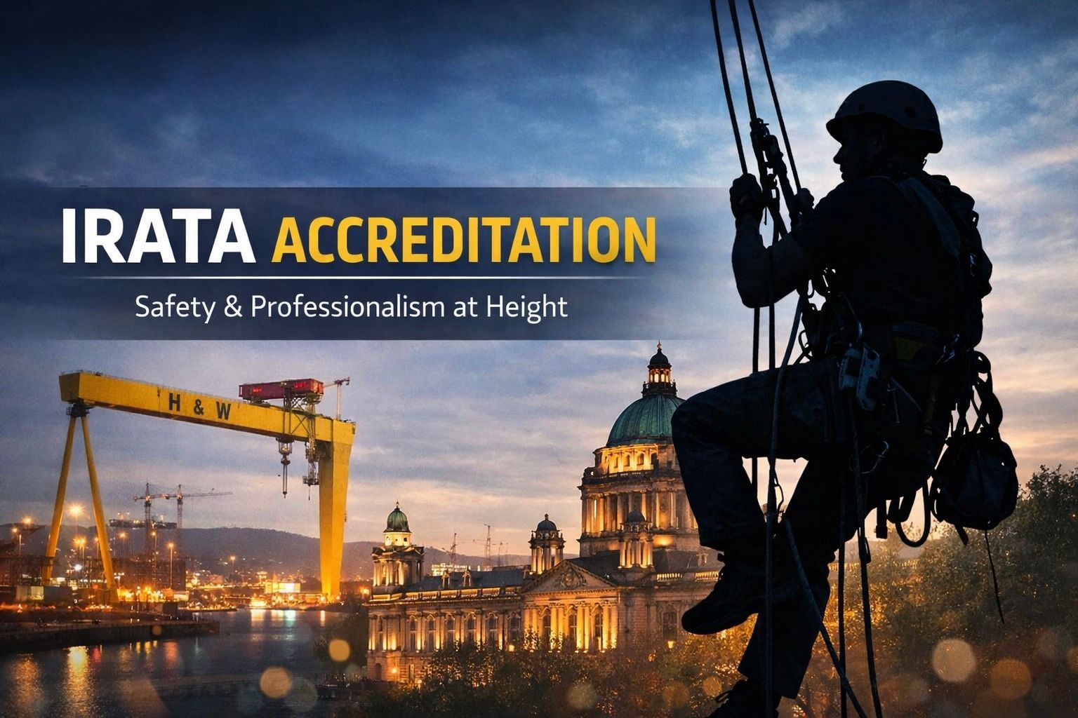 IRATA accreditation: A silhouette of a rope access technician with Belfast city skyline in the background.