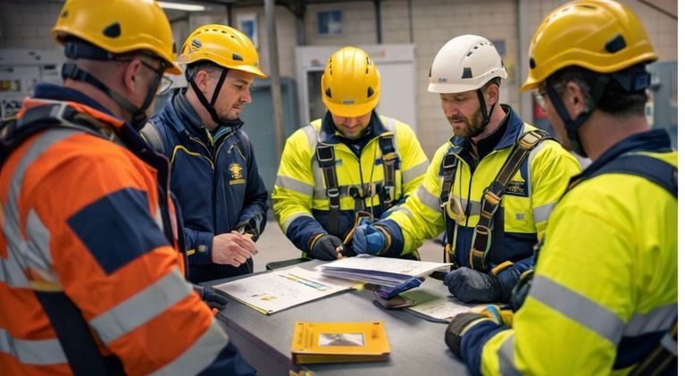 Five people in safety gear, gathered around a table, reviewing documents. Yellow and orange high-visibility clothing.