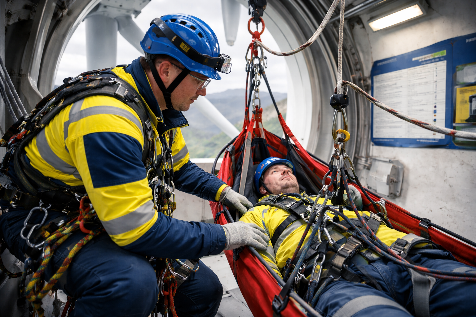 Man in harness secured in rescue basket inside a wind turbine, being assisted by another man in safety gear.