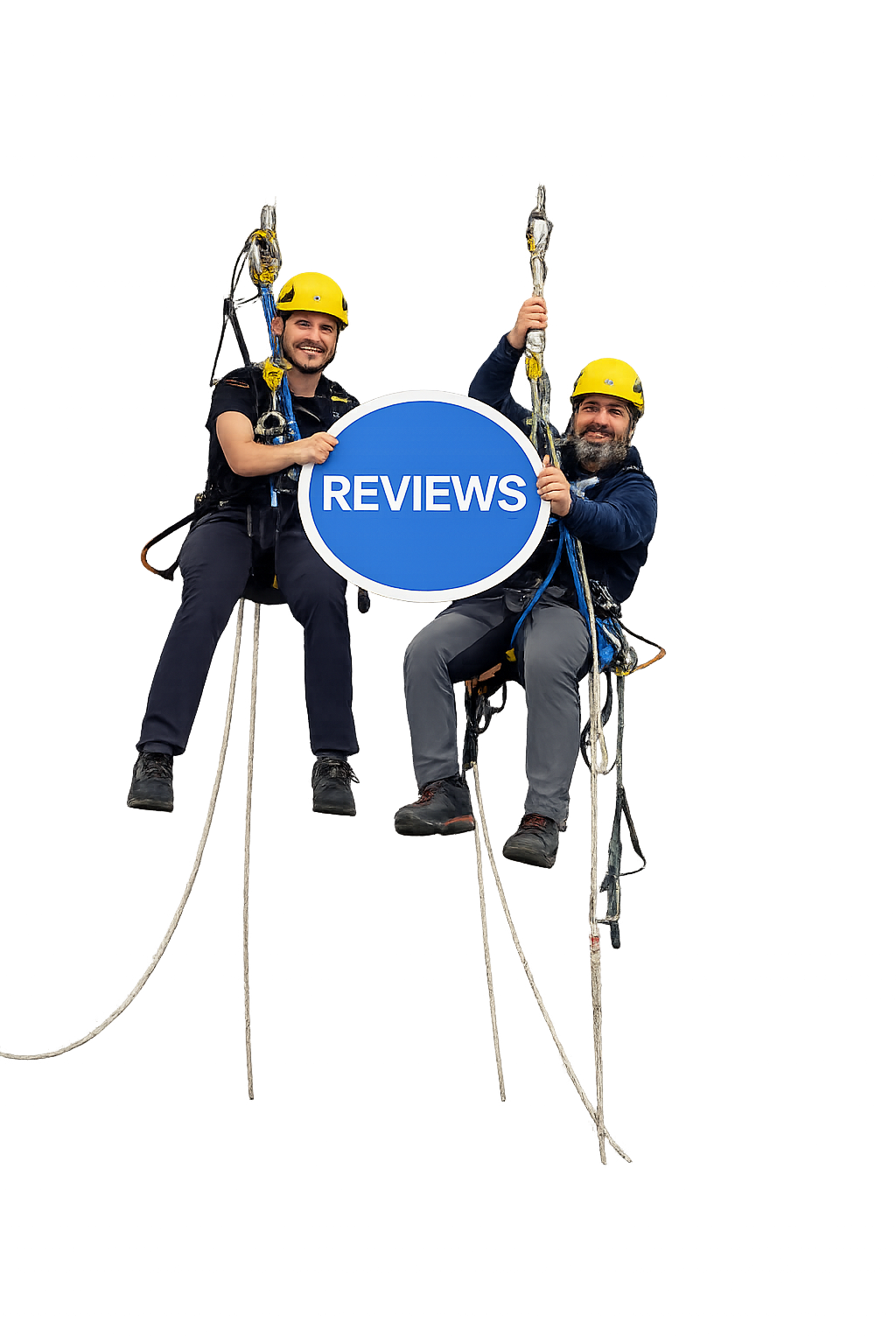 A construction worker in a blue uniform and yellow hard hat standing with arms crossed against a white background.