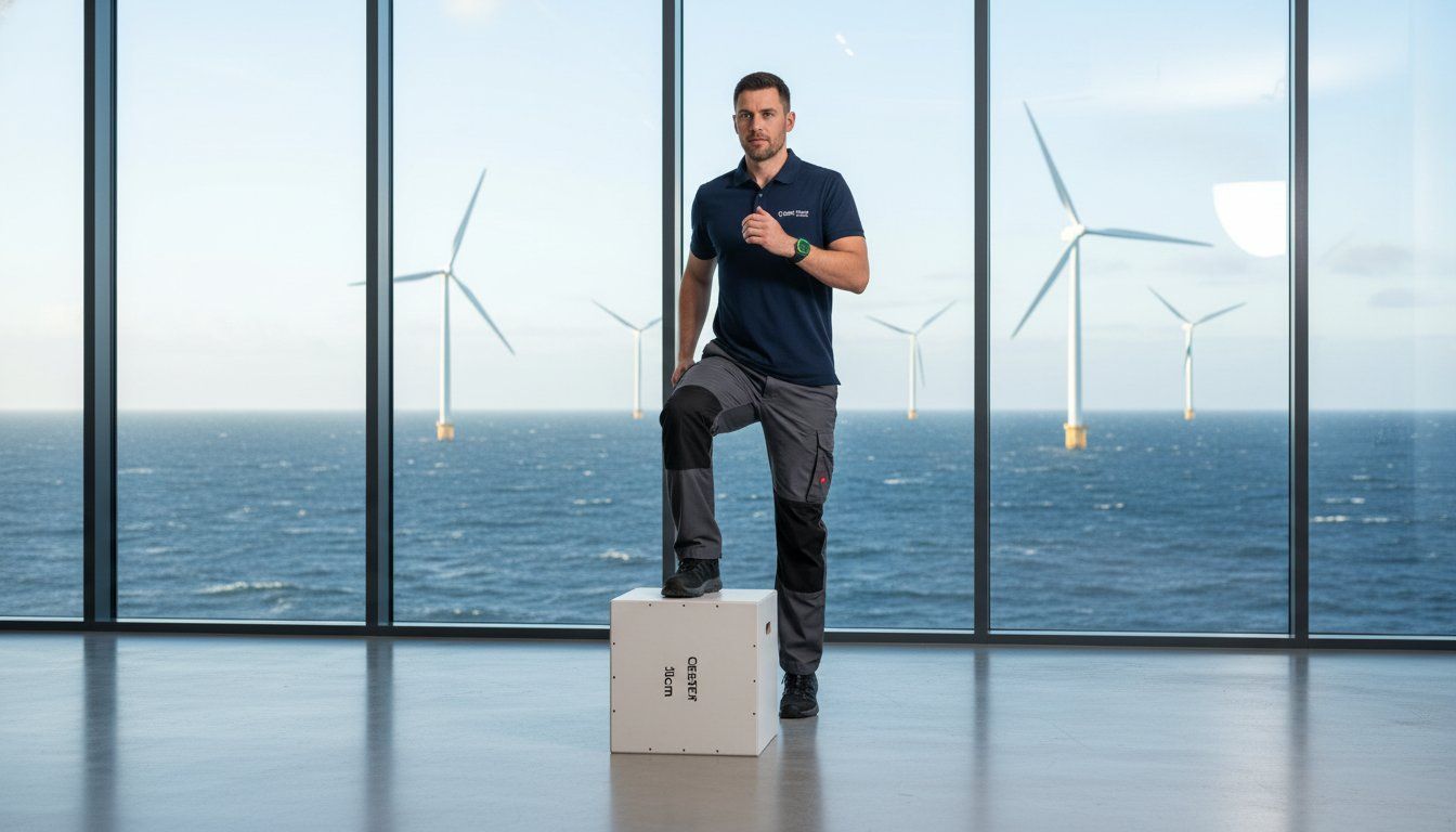 Man standing on a box overlooking the ocean and wind turbines performing a Chester step test.