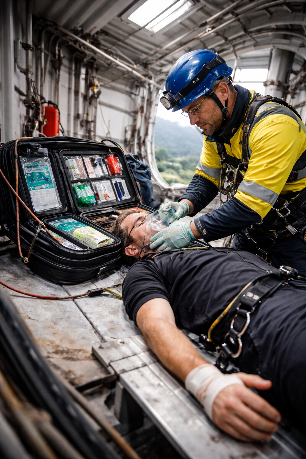 A rescuer in a yellow jacket and blue helmet provides oxygen to an injured person lying on a stretcher in a WTG nacelle.