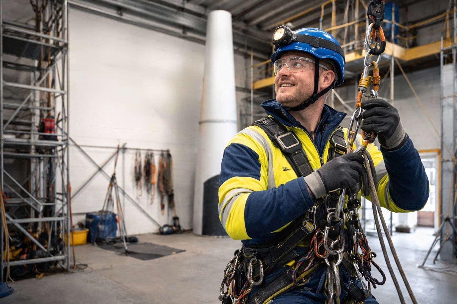 Man in safety gear, helmet, and goggles, smiles while holding ropes in an industrial setting.