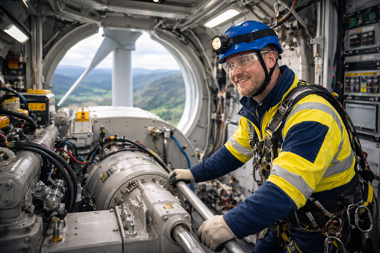 Wind turbine technician smiles while working on machinery inside the nacelle, wearing safety gear, with a mountainous view.