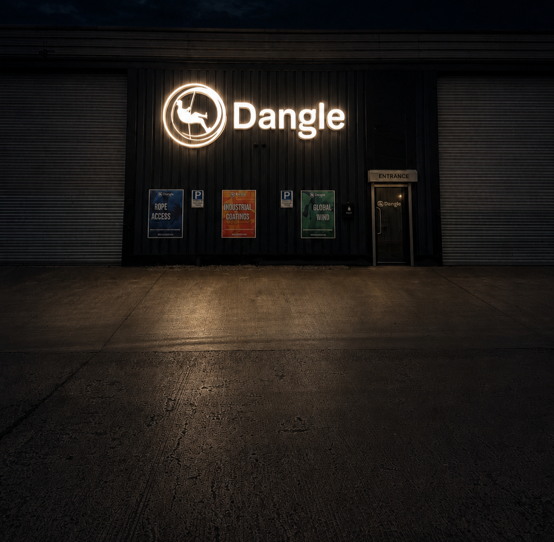 Dim storefront at night with glowing Dangle sign and posters on a dark shuttered facade