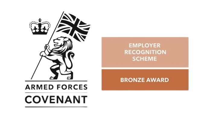 Armed Forces Covenant logo with lion holding British flag, beside bronze award graphic.