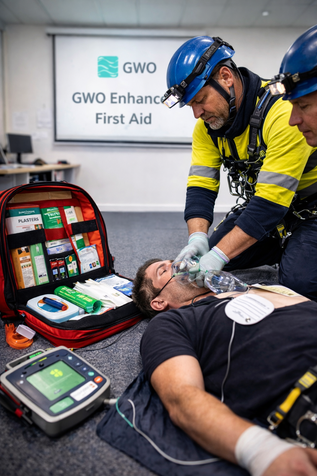 Two people in hard hats and high-visibility gear practicing first aid on a training mannequin with an AED and medical kit.