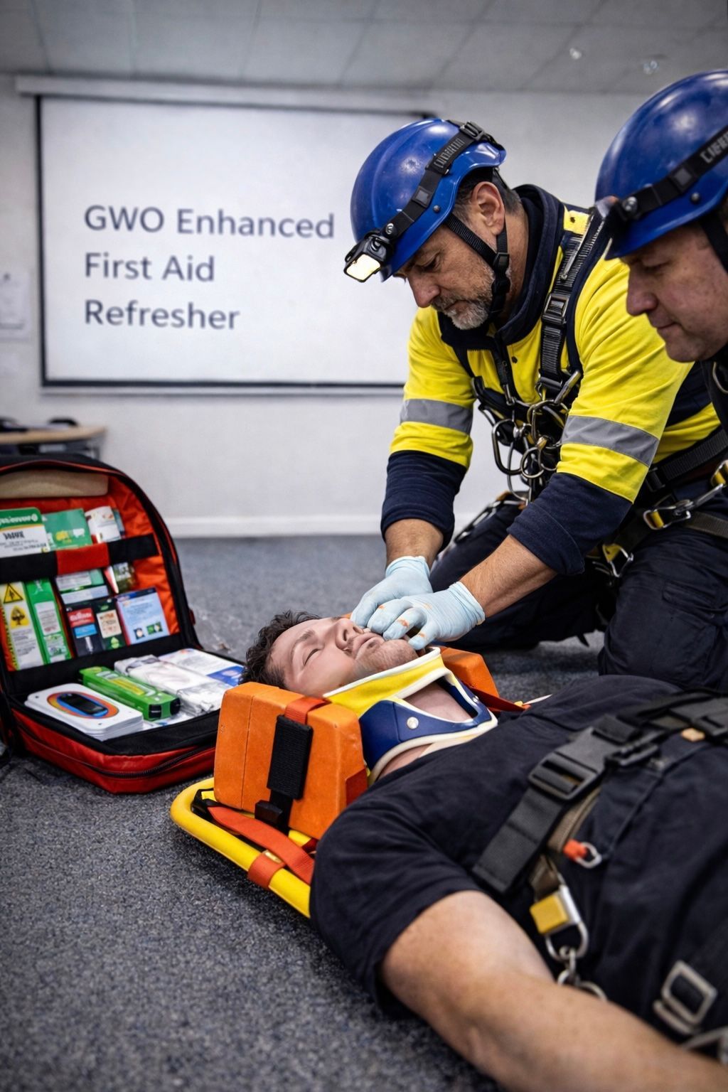 Two rescue workers wearing helmets perform first aid on a casualty in a neck brace during a GWO training session.