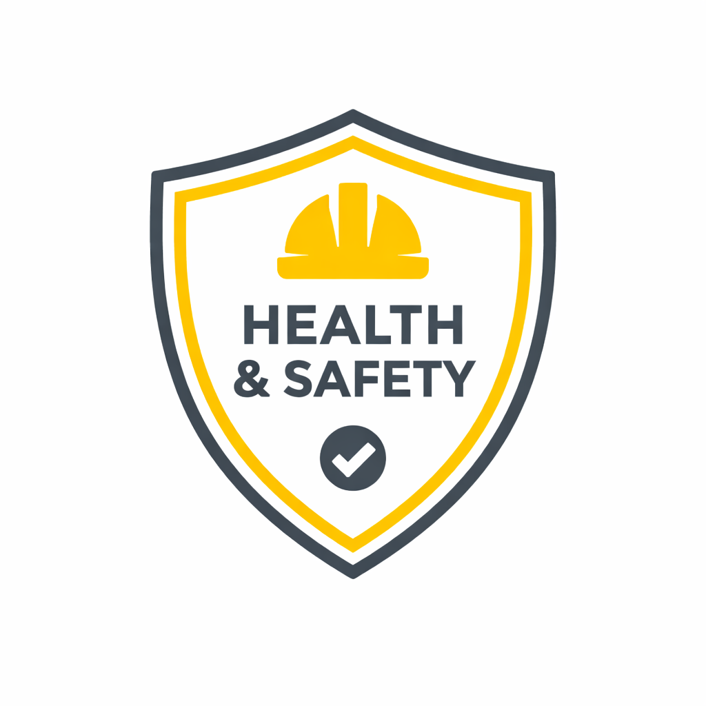 Logo for Health & Safety Training, featuring a yellow hard hat icon inside a shield sign.