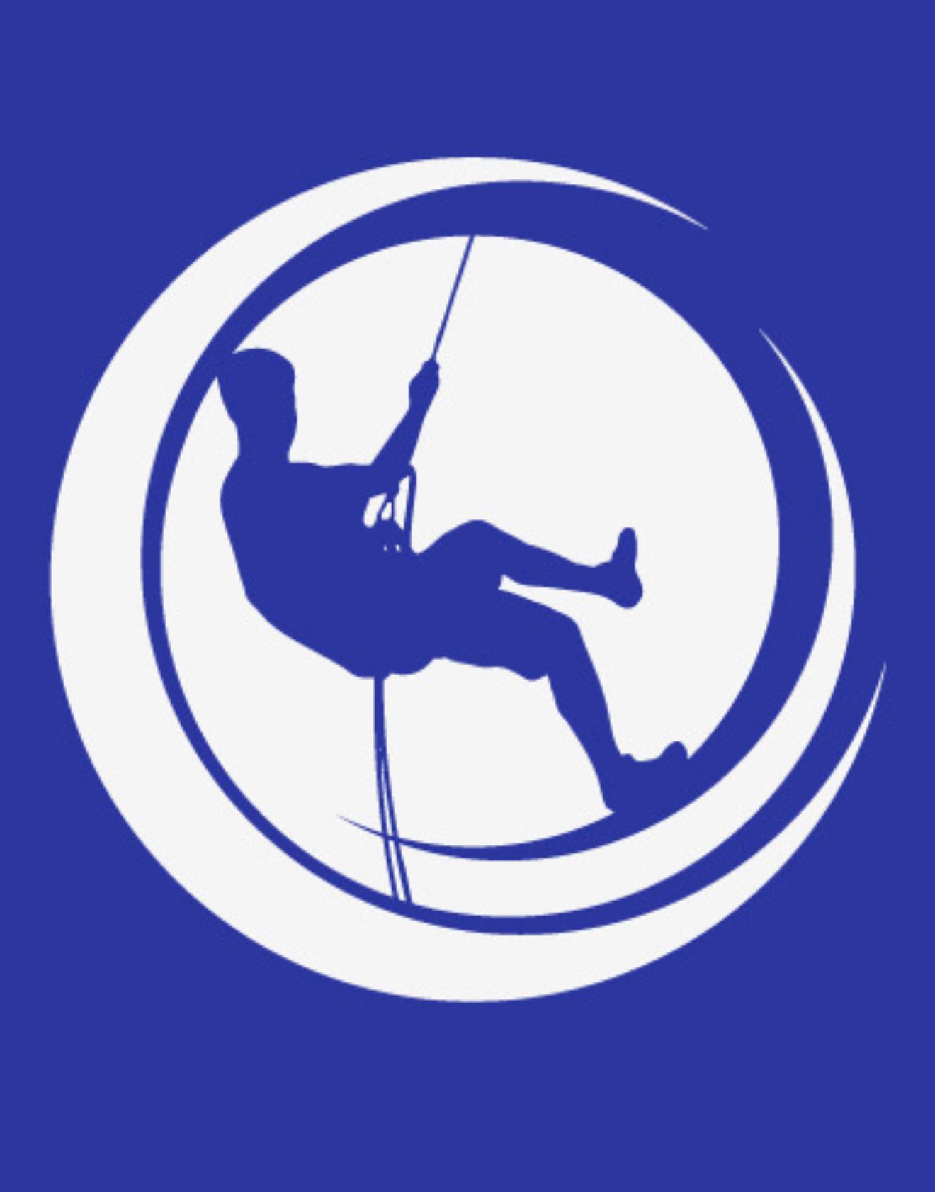 Dangle Academy logo showing a Silhouette of a person rappelling inside a white crescent moon on a blue background.