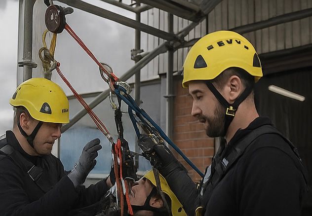 Three people in yellow helmets and safety harnesses practice a rope rescue. One person lies in a stretcher.
