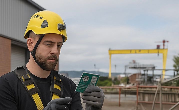 Construction worker in yellow hard hat and safety harness, inspecting a green card outdoors near Harland & Wolff