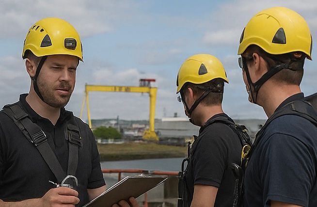 Three workers in yellow hard hats and safety harnesses reviewing a clipboard outdoors near a yellow crane.
