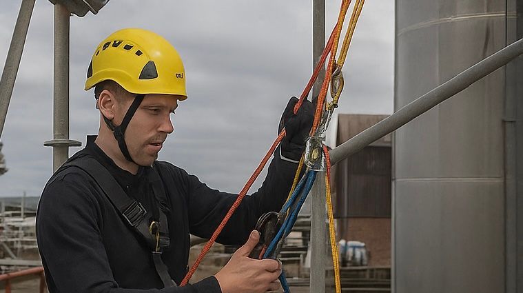 A person in a yellow hard hat and harness prepares ropes on industrial equipment outdoors under a cloudy sky.