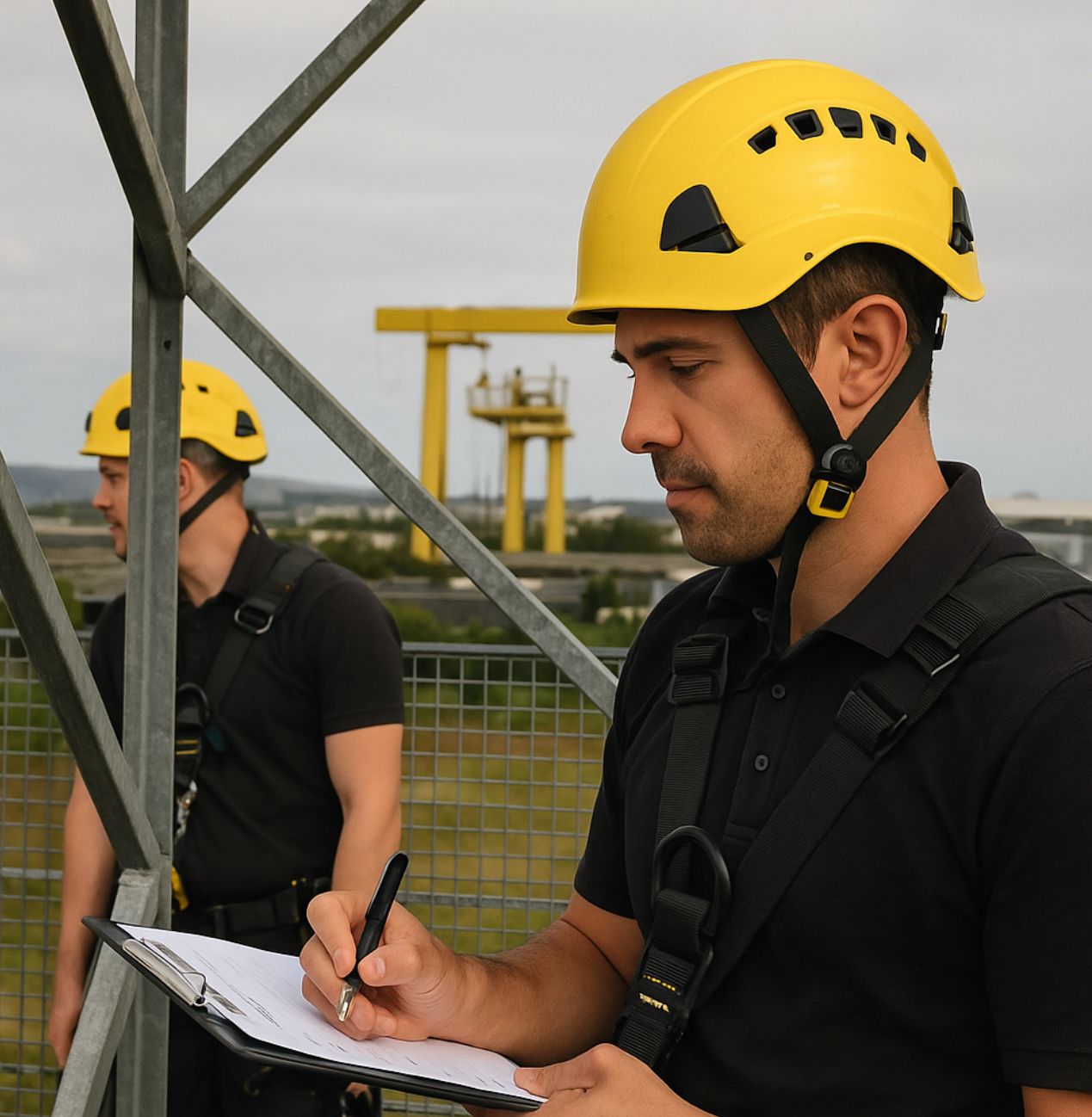 Two workers wearing yellow hard hats and harnesses, one writing on a clipboard on a structure, the other looking on.