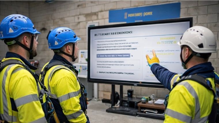 Three construction workers in safety gear reviewing a presentation on a screen, one pointing.