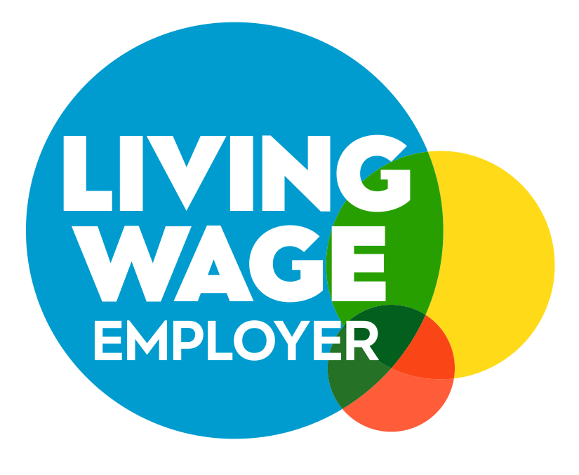 Logo for Living Wage Employer, white text on blue circle, overlapping green, orange, and yellow circles.