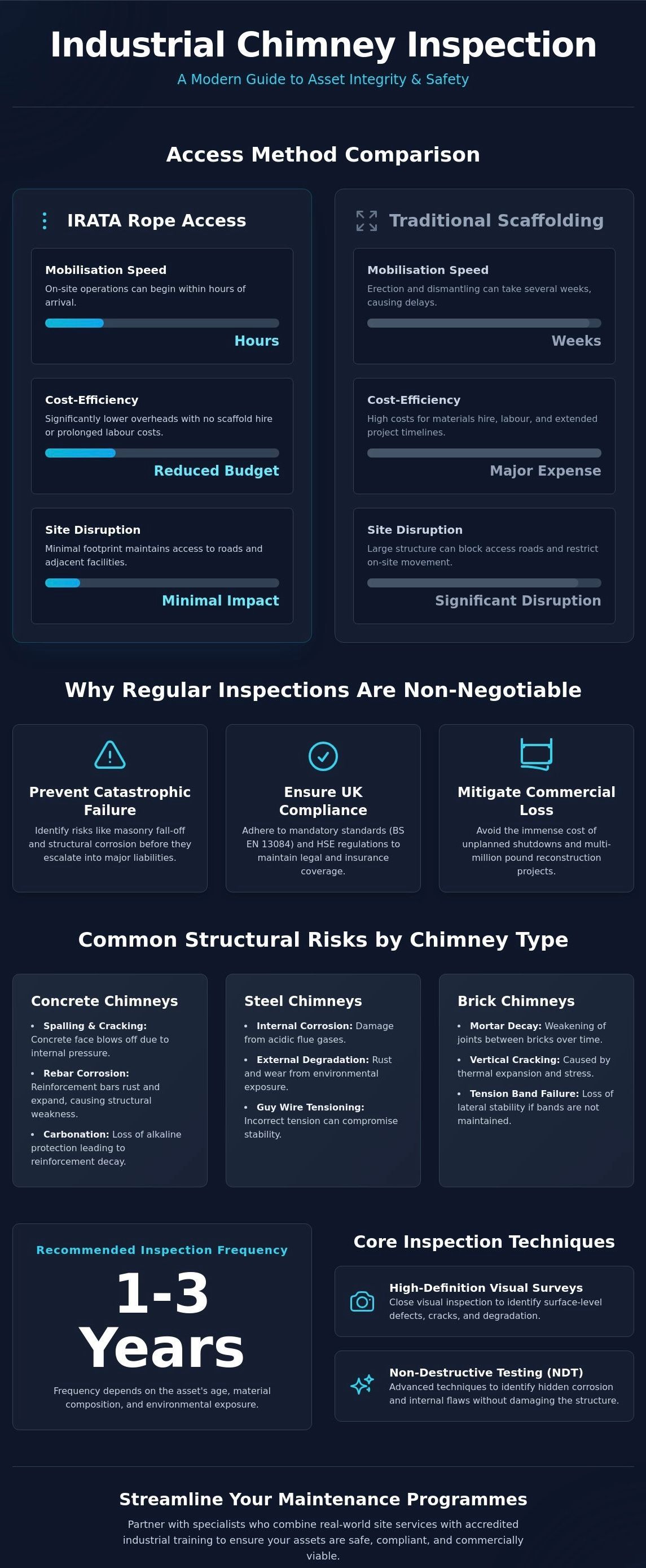 Dark industrial chimney inspection infographic with blue panels, icons, and a “1–3 Years” maintenance timeline