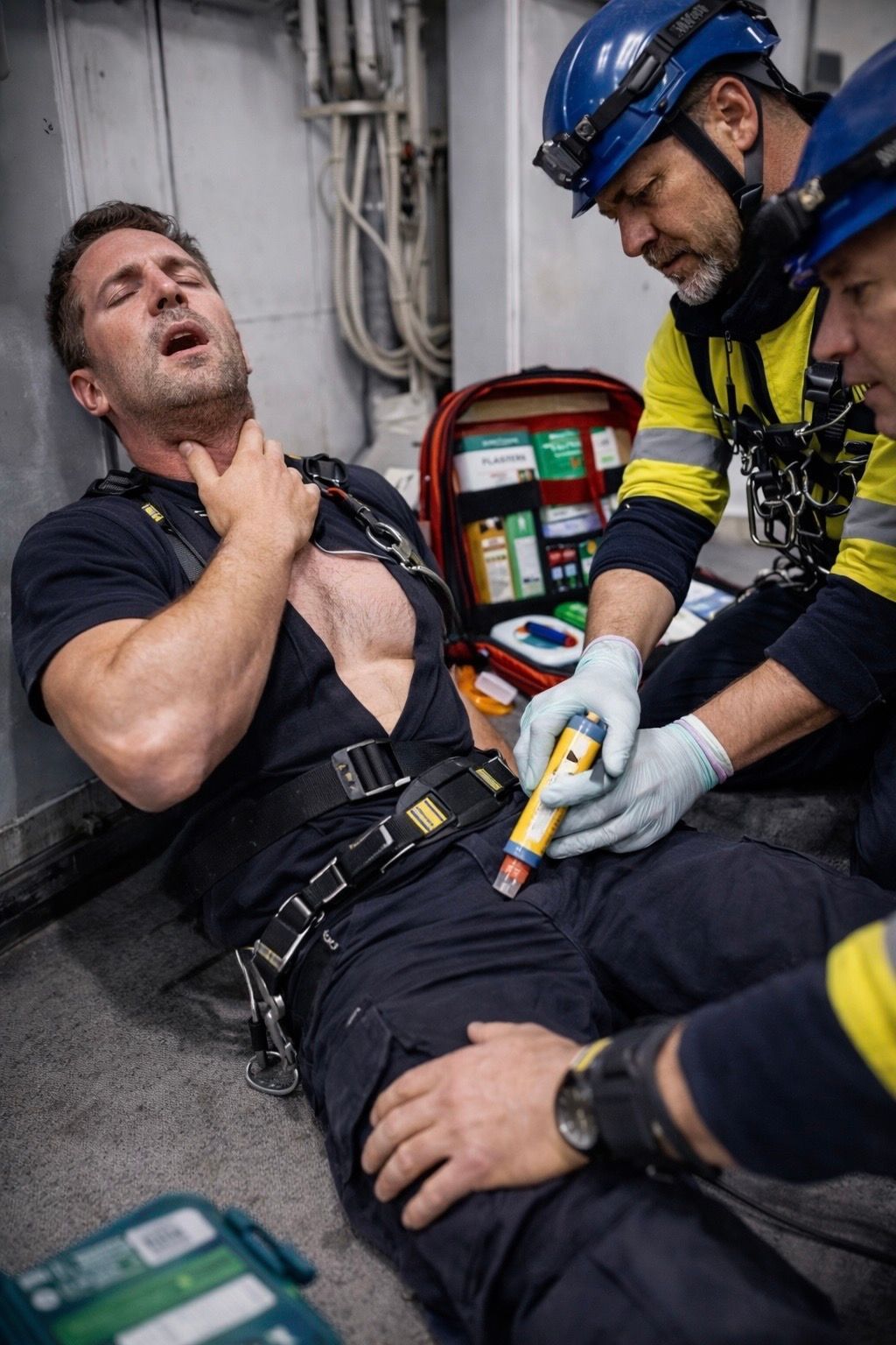 Emergency workers in safety gear administer an epinephrine auto-injector to a person holding their throat in distress.