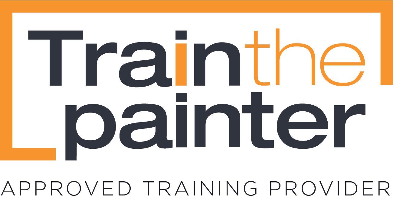 Logo for "Train the painter", orange and black text on white background, with "approved training provider".